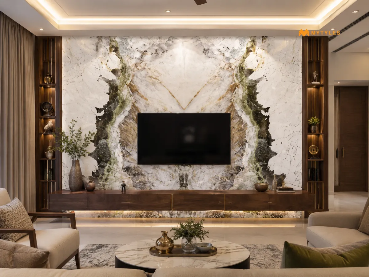 Bookmatched Marble-Look Tiles for TV Unit